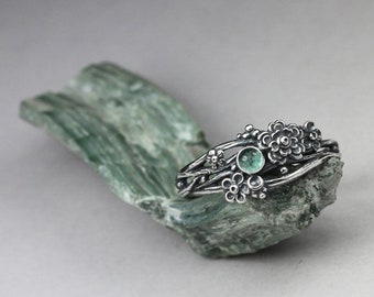 Tourmaline twig ring, teal stone ring, silver flowers, ethereal ring, faery jewelry, blue green ring, tourmaline jewellery, tiny flowers