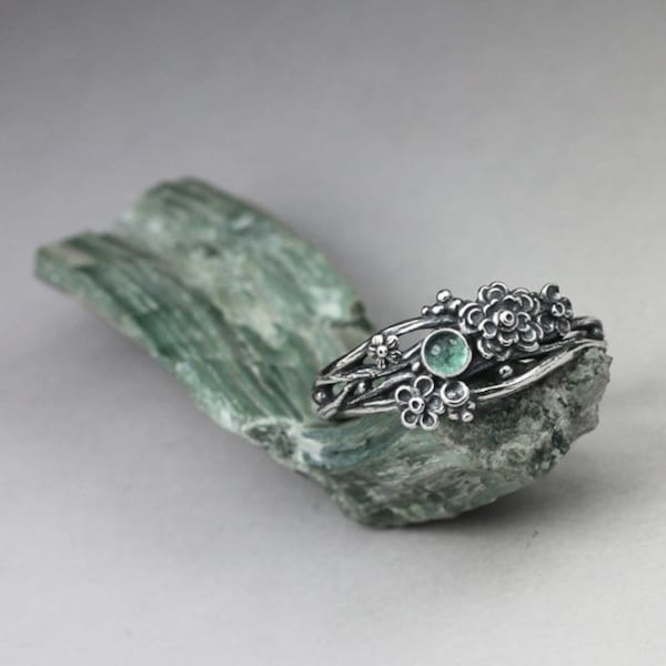 Tourmaline twig ring, teal stone ring, silver flowers, ethereal ring, faery jewelry, blue green ring, tourmaline jewellery, tiny flowers