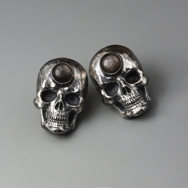 Third eye skull, silver skull stud earrings with silver sheen obsidian, goth earrings, chakra skull studs, small sculpted skull, silver bone