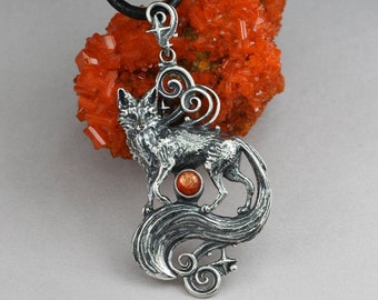 Fox magic - sterling silver fox, fox pendant, sunstone fox, celestial, fox necklace, magical fox pendant, detailed fox pendant, animal magic