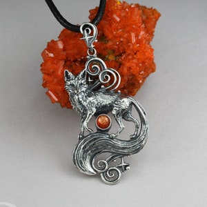 Fox magic - sterling silver fox, fox pendant, sunstone fox, celestial, fox necklace, magical fox pendant, detailed fox pendant, animal magic