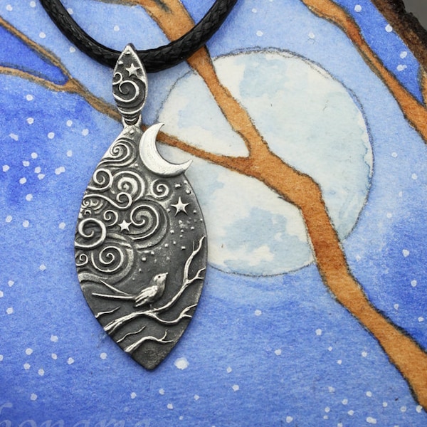 Magical Night - sculpted sterling silver pendant, forest stories, moon, silver bird and night sky, starry night, silver clouds, night scene