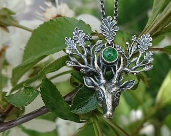 The Light Bringer - silver stag pendant, peridot, aventurine pendant, oak leaves pendant, silver deer, Cernunnos, deer pendant, oak king