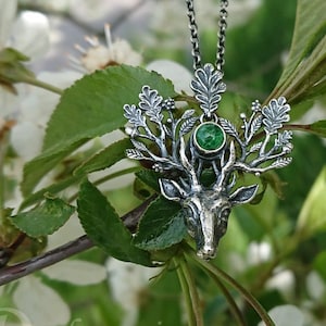 The Light Bringer silver stag pendant, peridot, aventurine pendant, oak leaves pendant, silver deer, Cernunnos, deer pendant, oak king Aventurine