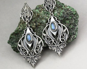 Sindarin - Narn,  elven earrings, labradorite and silver, labradorite earrings, Tolkien jewelry, Art Nouveau,  sky blue labradorite, cobalt