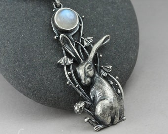 Moon gazing - hare and Moon pendant, hare pendant, silver and moonstone, silver moth, mushrooms, star, silver rabbit, blue moonstone pendant