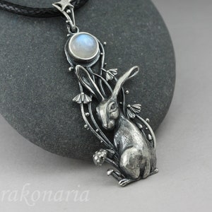 Moon gazing - hare and Moon pendant, hare pendant, silver and moonstone, silver moth, mushrooms, star, silver rabbit, blue moonstone pendant