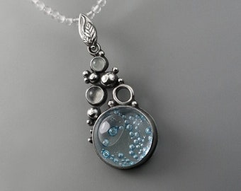 Droplets of Light, OOAK pendant, blue bubbles, artistic glass, drops of water, water pendant, elemental, tiny leaves, silver forest, leaf