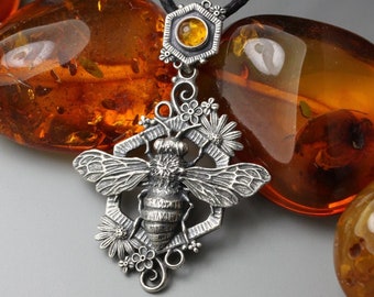 Sacred Bee pendant, sterling silver and amber, miniature honey bee, silver flowers and honeycomb, Baltic amber pendant, magical bee, nature