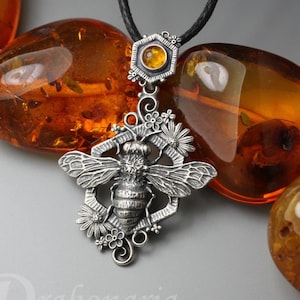 Sacred Bee pendant, sterling silver and amber, miniature honey bee, silver flowers and honeycomb, Baltic amber pendant, magical bee, nature