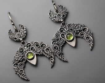 Lunula earrings - green peridot sterling silver Slavic moon symbol, olivine earrings, crescent moon, mini flowers, drop earrings, openwork