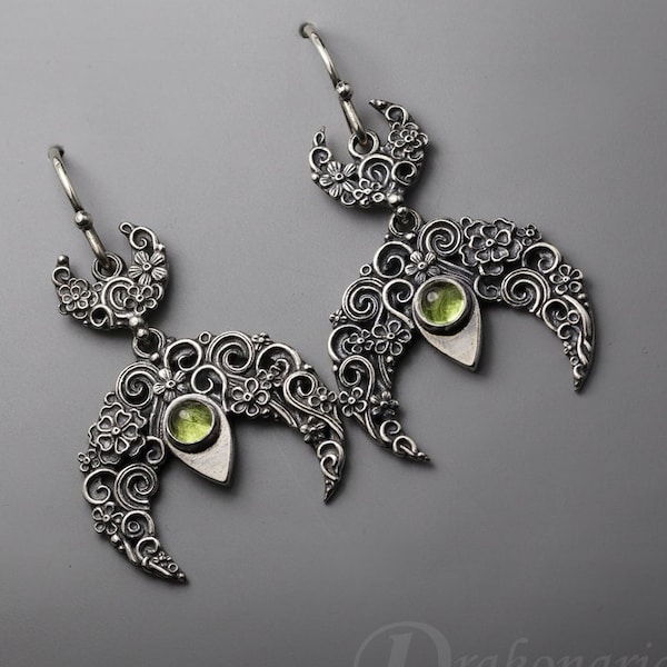 Lunula earrings - green peridot sterling silver Slavic moon symbol, olivine earrings, crescent moon, mini flowers, drop earrings, openwork