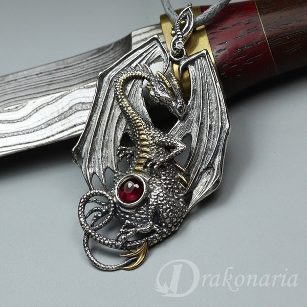 Silver dragon pendant, fire dragon, garnet pendant, deep red garnet, yellow gold, game of thrones, smaug pendant, fantasy dragon pendant