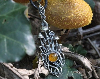 Mushroom whispers - silver mushroom pendant, Baltic amber pendant, toadstool necklace, forest jewelry, miniature mushrooms, sunny amber