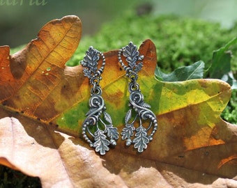 Forest whispers - sterling silver earrings with oak leaves, acorn earrings, oak leaf earrings, woodland earrings, druid, elven earrings, oak