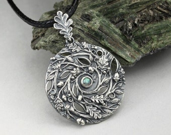 Spiral of Life - forest - sterling silver and labradorite pendant, oak leaves, branches and acorns, druid pendant, spiritual symbol, cosmos