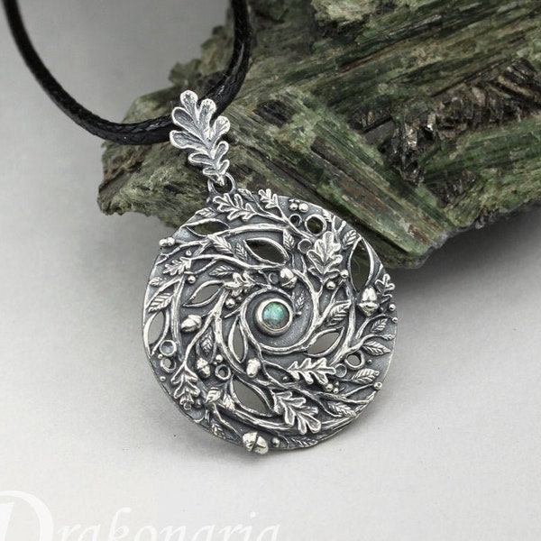 Spirale de Vie - forêt - pendentif argent massif et labradorite, feuilles de chêne, branches et glands, pendentif druide, symbole spirituel, cosmos