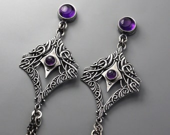 Sindarin Hiril, silver elven earrings, purple amethysts, elegant dangling earrings, tiny silver leaves, fantasy knotwork stud earrings, leaf