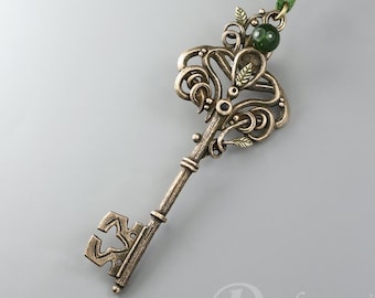 Magical key - serpentine pendant, hand sculpted ONE OF A KIND, bronze pendant, golden bronze, key pendant, fairytale key, green stone key