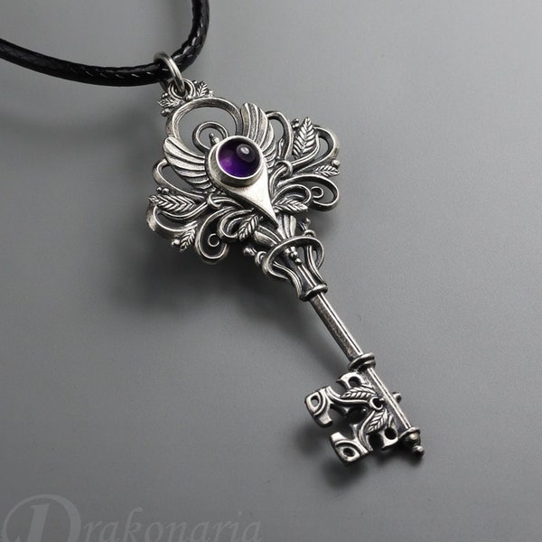Magic key - silver key pendant, magical key gemstone necklace, amethyst, chrysoprase, hand sculpted key, fantasy key, mysterious key leaf