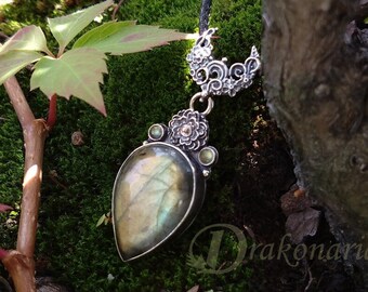 End of Summer - OOAK sterling silver Moon symbol, yellow green labradorites, Magic of Nature, silver meadow, sculpted flower, Slavic, gold