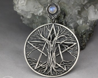 Tree pentacle, silver pendant with a moonstone, moonstone pentacle, pagan jewelry, esoteric, blue pentacle, witch amulet, tree pentagram