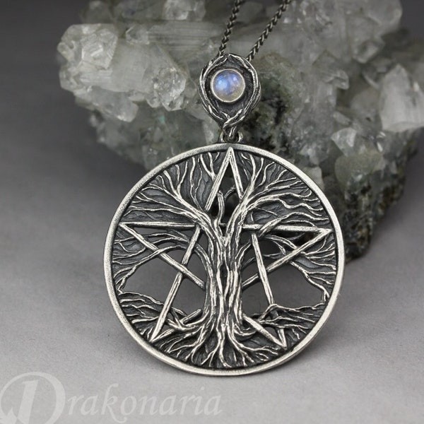 Tree pentacle, silver pendant with a moonstone, moonstone pentacle, pagan jewelry, esoteric, blue pentacle, witch amulet, tree pentagram