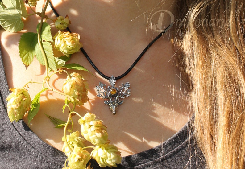 The Light Bringer silver stag pendant, Baltic amber pendant, silver leaves, oak leaves pendant, silver deer, silver twigs, deer pendant image 8