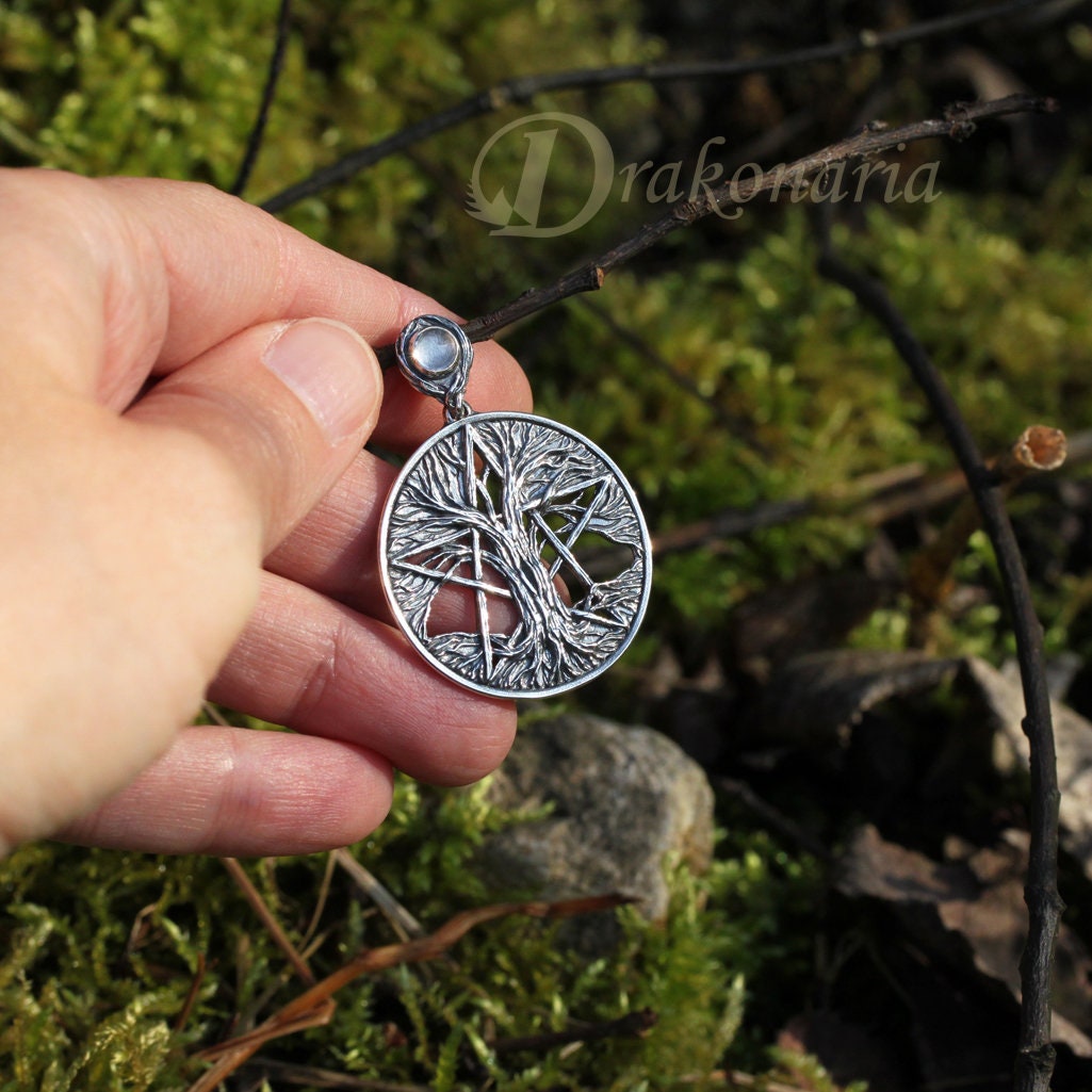 Tree Pentacle, Silver Pendant With a Moonstone, Moonstone