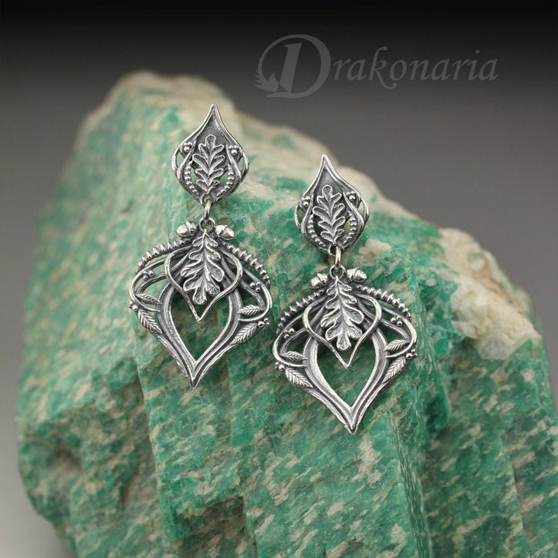 Forest queen, magical silver earrings, oak leaves and acorns, woodland jewelry, silver acorn, art nouveau, elven earrings, fantasy earrings image 1