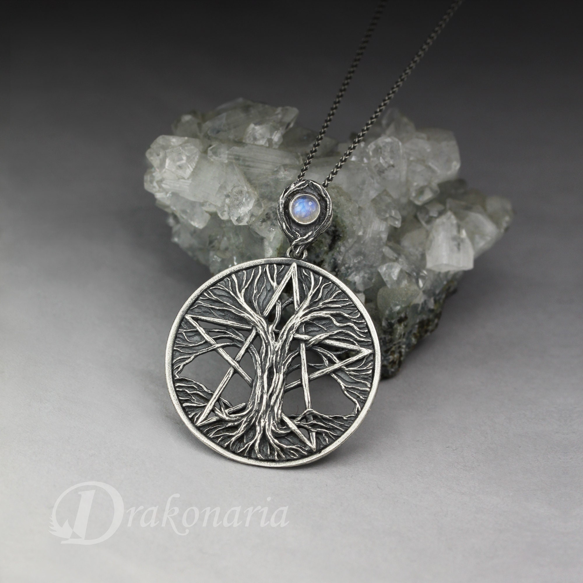 Tree Pentacle, Silver Pendant With a Moonstone, Moonstone