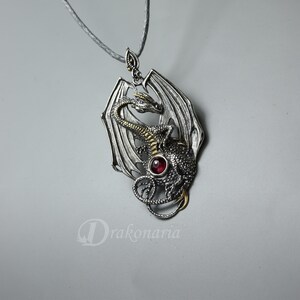 Silver dragon pendant, fire dragon, garnet pendant, deep red garnet, yellow gold, game of thrones, smaug pendant, fantasy dragon pendant image 5