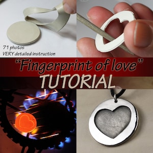 Może przedstawiać: Samouczek tworzenia naszyjnika „odcisk miłości”. Obraz przedstawia srebrny wisiorek w kształcie serca z odciskiem palca w środku, sercowaty kawałek metalu podgrzewany nad płomieniem oraz osobę używającą pilnika do nadania kształtu sercu z metalu.
