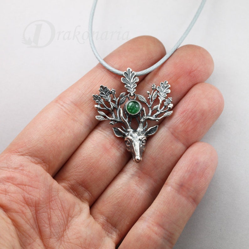The Light Bringer silver stag pendant, peridot, aventurine pendant, oak leaves pendant, silver deer, Cernunnos, deer pendant, oak king image 10