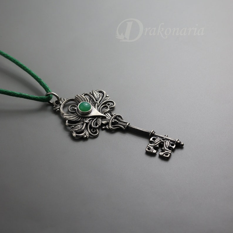Magic key silver key pendant, magical key gemstone necklace, amethyst, chrysoprase, hand sculpted key, fantasy key, mysterious key leaf image 5