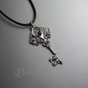 Magic key silver key pendant, magical key gemstone necklace, amethyst, chrysoprase, hand sculpted key, fantasy key, mysterious key leaf image 6