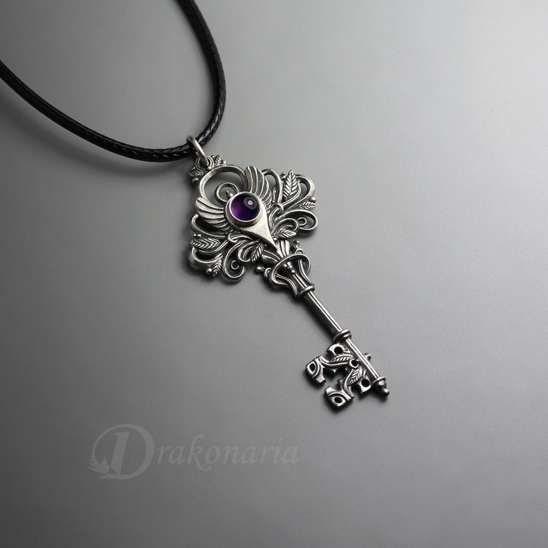 Magic key silver key pendant, magical key gemstone necklace, amethyst, chrysoprase, hand sculpted key, fantasy key, mysterious key leaf image 6