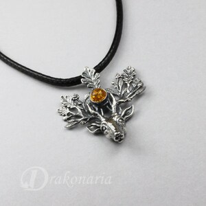 The Light Bringer silver stag pendant, Baltic amber pendant, silver leaves, oak leaves pendant, silver deer, silver twigs, deer pendant image 6