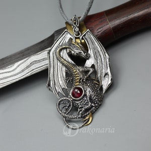 Silver dragon pendant, fire dragon, garnet pendant, deep red garnet, yellow gold, game of thrones, smaug pendant, fantasy dragon pendant image 6