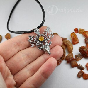The Light Bringer silver stag pendant, Baltic amber pendant, silver leaves, oak leaves pendant, silver deer, silver twigs, deer pendant image 5