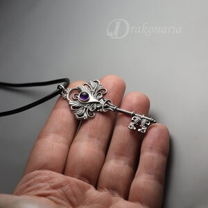 Magic key silver key pendant, magical key gemstone necklace, amethyst, chrysoprase, hand sculpted key, fantasy key, mysterious key leaf image 4