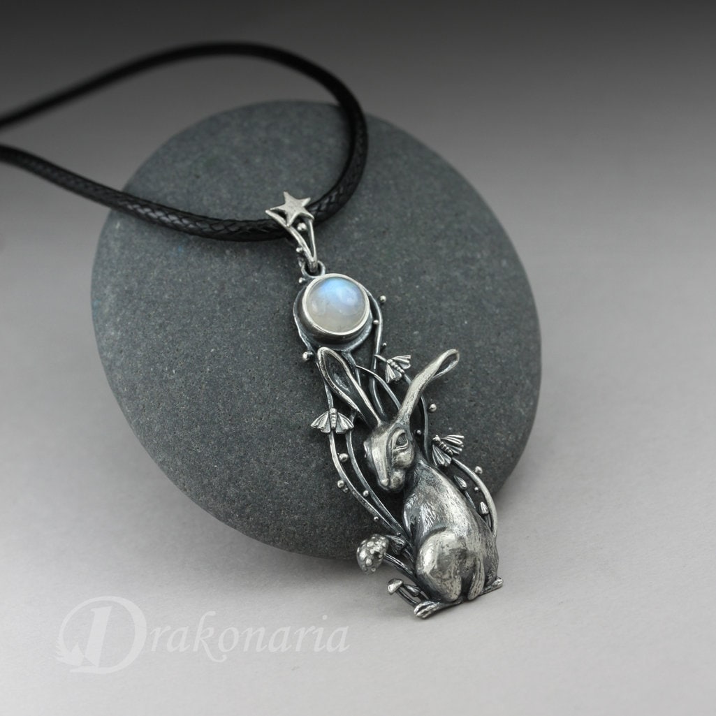 Moon gazing - hare and Moon pendant, hare pendant, silver and moonstone, silver moth, mushrooms, star, silver rabbit, blue moonstone pendant