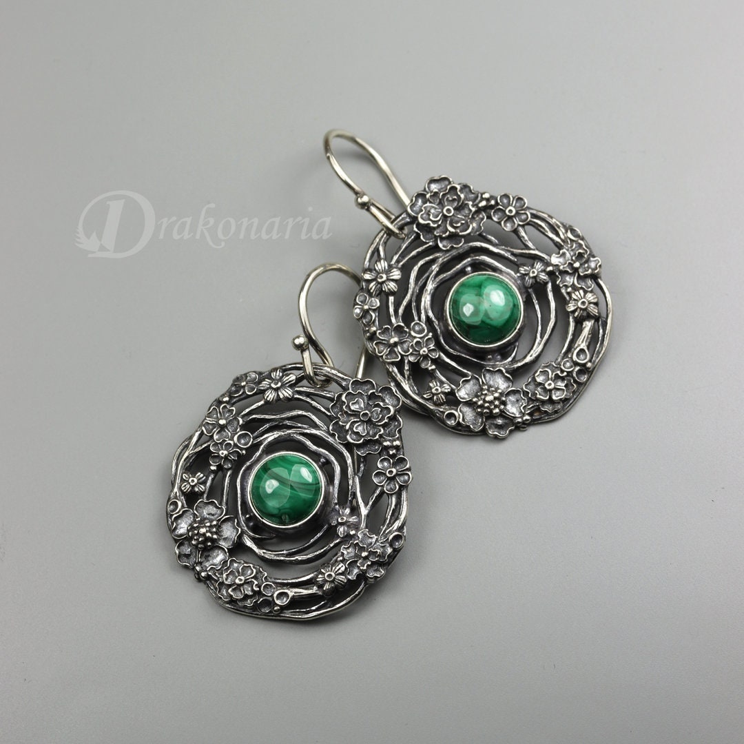 Twigs in Flowers, Silver Earrings With Malachite, Star  display picture 1