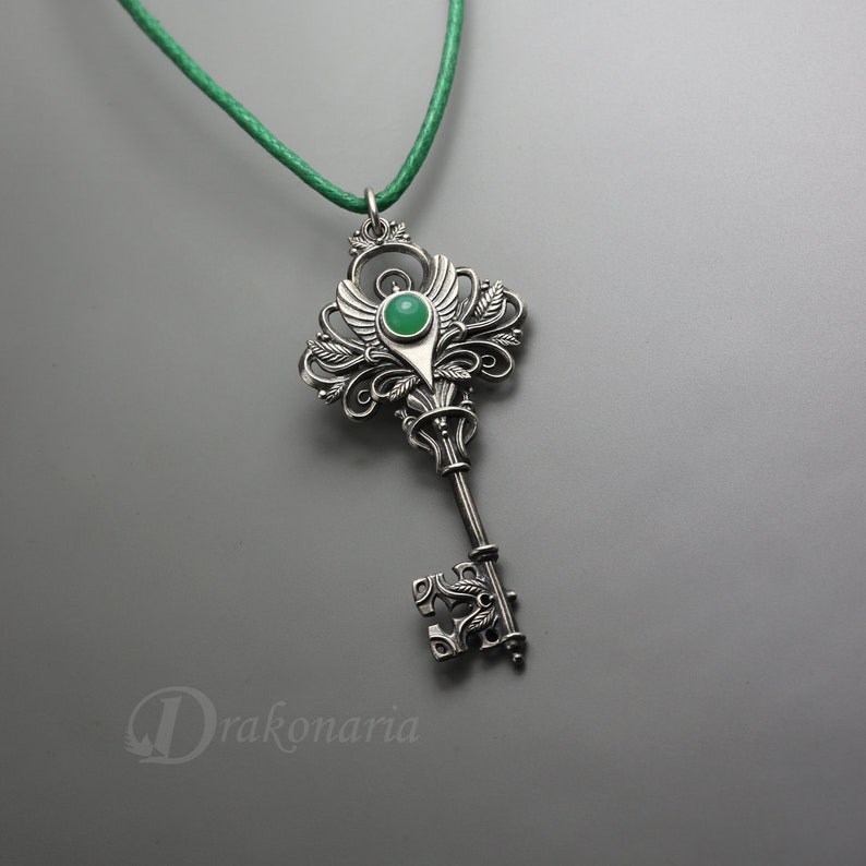 Magic key silver key pendant, magical key gemstone necklace, amethyst, chrysoprase, hand sculpted key, fantasy key, mysterious key leaf image 8