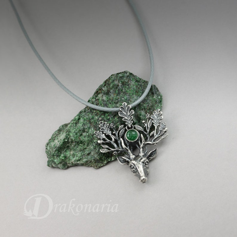 The Light Bringer silver stag pendant, peridot, aventurine pendant, oak leaves pendant, silver deer, Cernunnos, deer pendant, oak king image 2