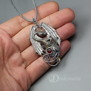 Silver dragon pendant, fire dragon, garnet pendant, deep red garnet, yellow gold, game of thrones, smaug pendant, fantasy dragon pendant image 3