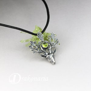 The Light Bringer silver stag pendant, peridot, aventurine pendant, oak leaves pendant, silver deer, Cernunnos, deer pendant, oak king image 6