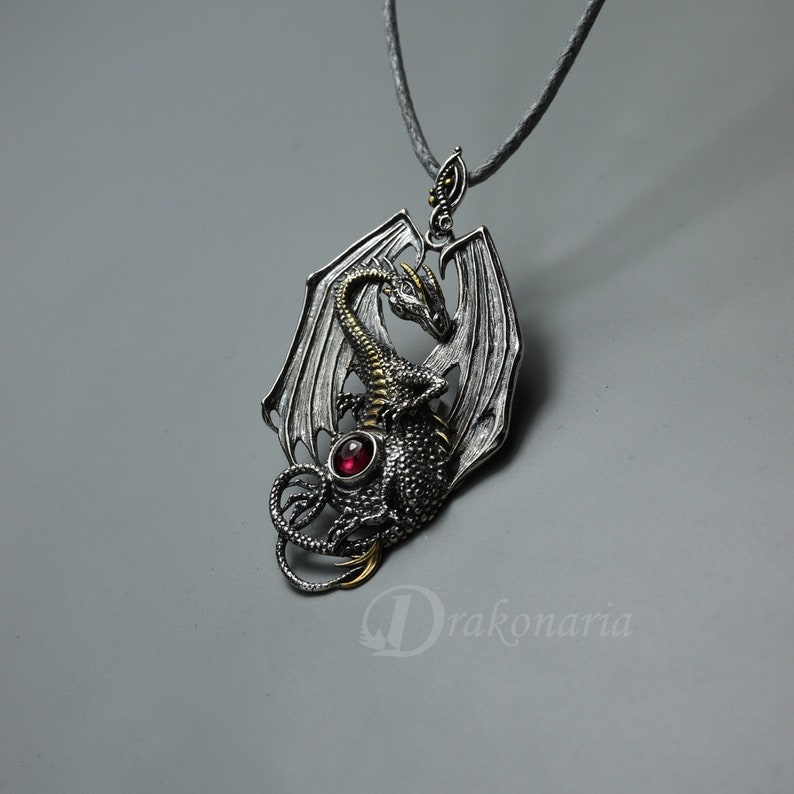 Silver dragon pendant, fire dragon, garnet pendant, deep red garnet, yellow gold, game of thrones, smaug pendant, fantasy dragon pendant image 2