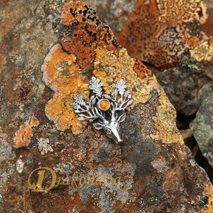 The Light Bringer silver stag pendant, Baltic amber pendant, silver leaves, oak leaves pendant, silver deer, silver twigs, deer pendant image 2