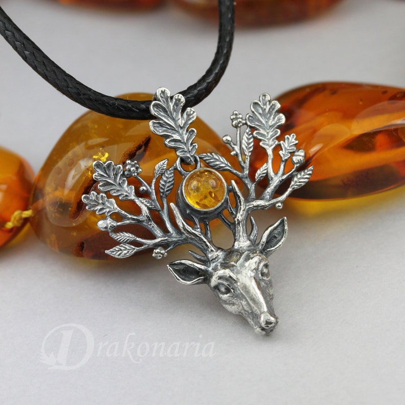 The Light Bringer silver stag pendant, Baltic amber pendant, silver leaves, oak leaves pendant, silver deer, silver twigs, deer pendant image 4